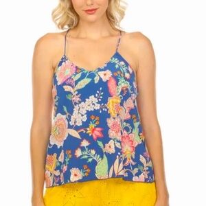 Johnny Was Asymmetrical Blue Silk Floral Camisole Tank